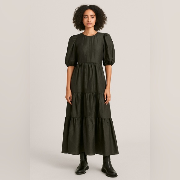 & Other Stories Black Puff Sleeve Maxi Dress Crinkle Tiered Size 36 US 4 Small - Picture 1 of 13